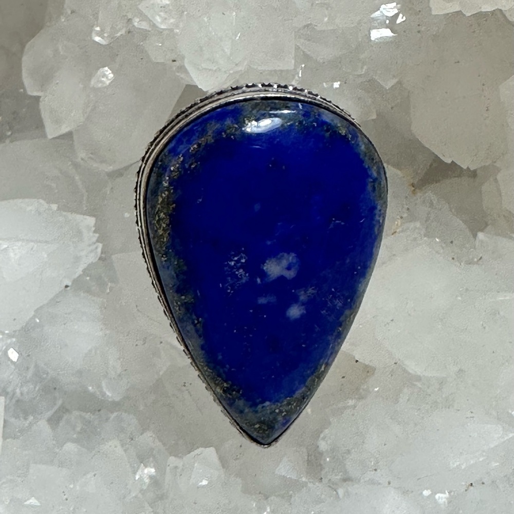 Lapis Lazuli Natural Stone Teardrop Silver Plated Ring Minimalist Setting.  5.75